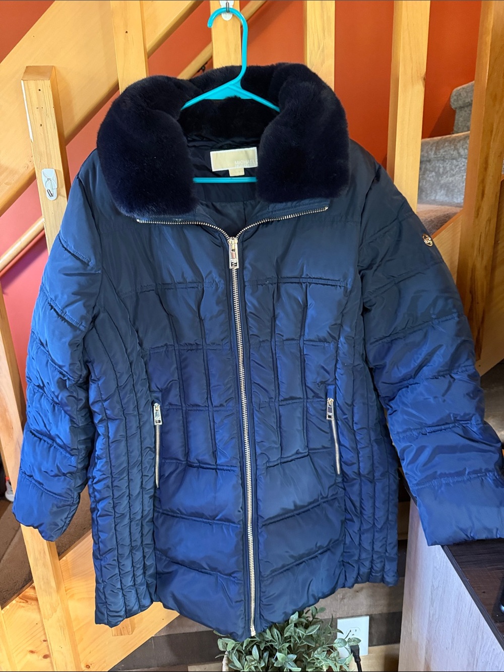 MICHAEL Michael Kors Navy Quilted Puffer Jacket with Faux Fur Collar